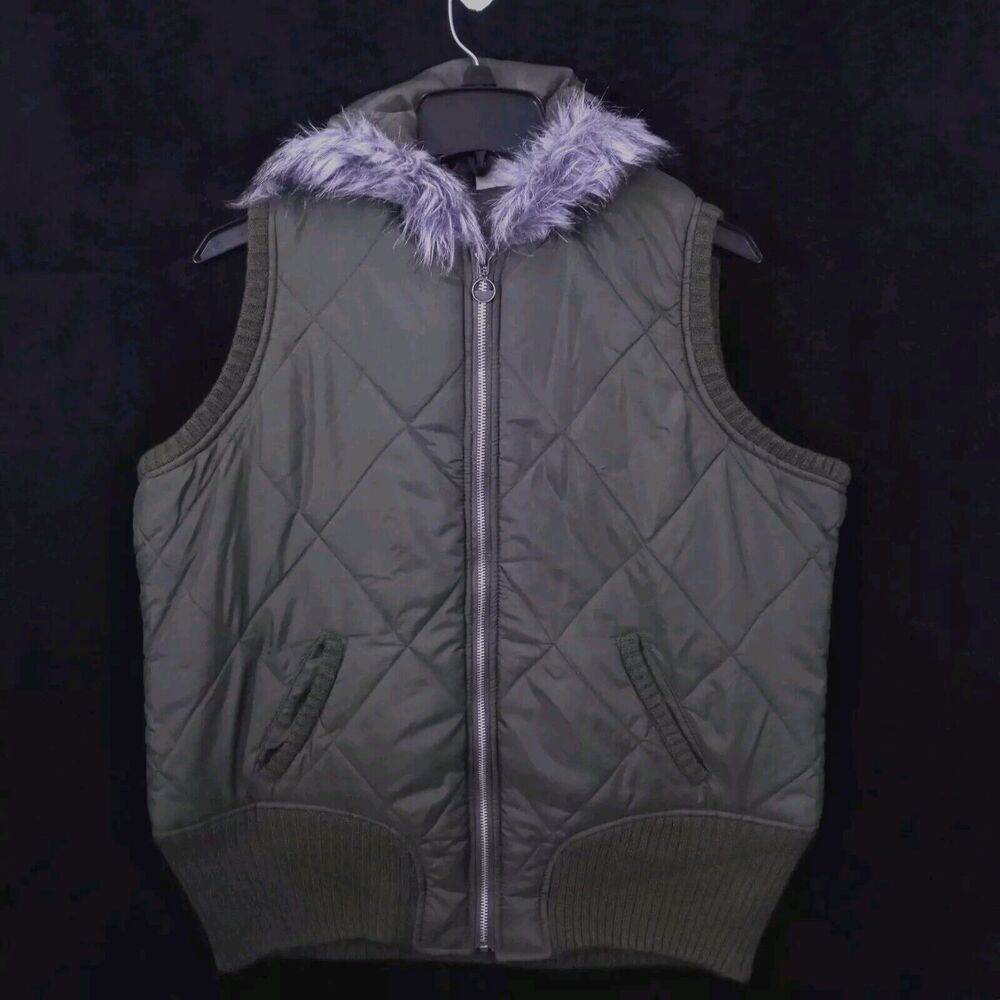 One Step Up Hooded Vest Puffer XL Green With Fur Trim  #1087